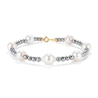 Bracciale in Ematite Grigia, Perle Barocche Bianche e Chiusura in Oro 18 kt - The Five Pearls Bracelet