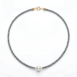 Grey Hematite and White Pearl Choker, 18kt Gold Clasp