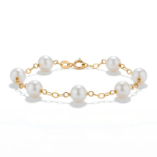 Yellow Gold Chain Bracelet with Round White Pearls - Abbracciami White