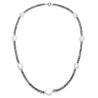 Grey Hematite and White Baroque Pearl Necklace with 18k Gold Clasp - The 7 Pearls Necklace