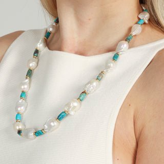 Baroque Pearl, Turquoise Tube, and 18kt Gold Rondelle Necklace