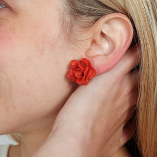 Authentic Red Coral Rose-Shaped Earrings in 18 KT Gold - Flower Power Earrings