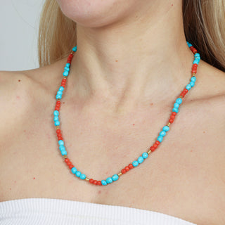 Necklace in Turquoise, Natural Red Coral and 18kt Gold Nuggets - Pulcinella Necklace