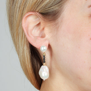 Black Hematite And White Pearl Drop Earrings - My Dinner Earrings Extra