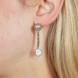 Orecchini Pendenti in Ematite, Perle Grigie e Oro 18 kt - My Dinner Earrings