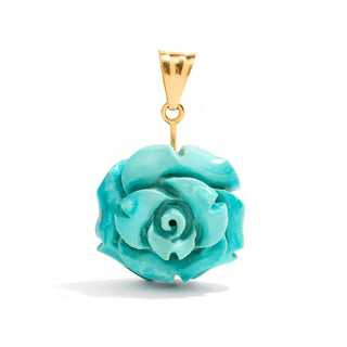 Hand-Carved Natural Turquoise Rose Pendant with 18K Gold