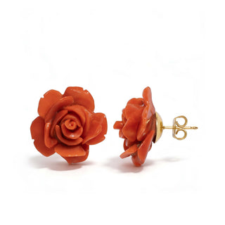 Authentic Red Coral Rose-Shaped Earrings in 18 KT Gold - Flower Power Earrings