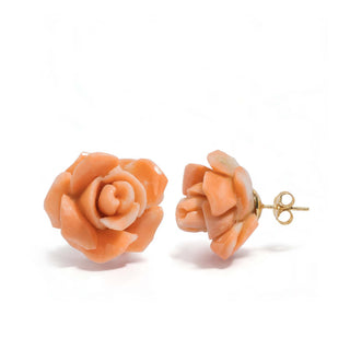 Natural Pink Coral Rose Hand Carved Stud Earrings with 18 KT Gold