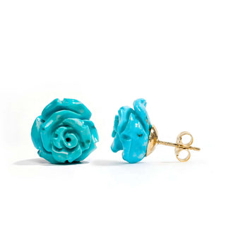 Hand-Carved Natural Turquoise Rose Earrings with 18KT Gold Back