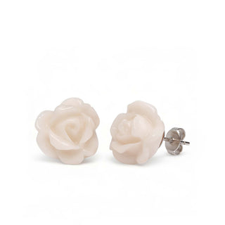 Hand-Engraved White Coral Rose Stud Earrings with 18 KT Gold Back