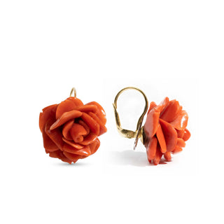 18K Gold Authentic Red Coral Rose Drop Earrings