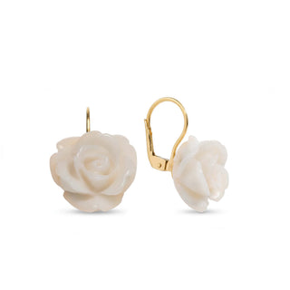 Hand-Carved White Coral Rose Drop Earrings with 18 KT Gold