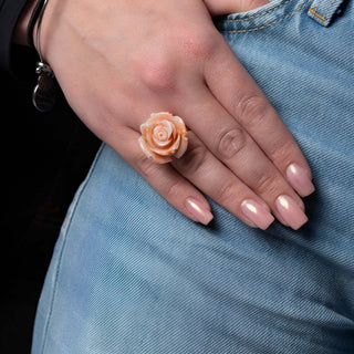 Authentic Pink Coral Rose Ring in 18 KT Gold