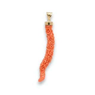 Engraved Coral Lucky Horn Pendant - 18K Yellow Gold