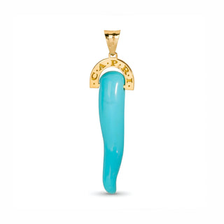 Turquoise and 18 kt Gold Horn Pendant with Capri Engraving – Lucky Charm Pendant Made in Italy
