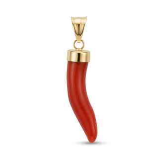 Large Natural Red Coral Horn Pendant with 18K Gold Hook