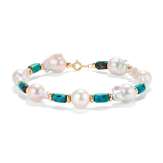 Bracciale in Perle Barocche, Tubetti in Turchese e Rondelle Oro 18kt