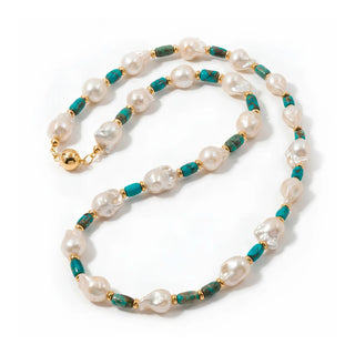 Collana Perle Barocche, Tubetti in Turchese e Rondelle Oro 18kt