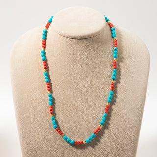 Necklace in Turquoise, Natural Red Coral and 18kt Gold Nuggets - Pulcinella Necklace