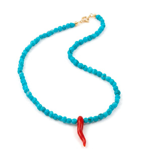 Collana in Turchese e Corno in Corallo con Gancio in Oro 18kt - Good Luck