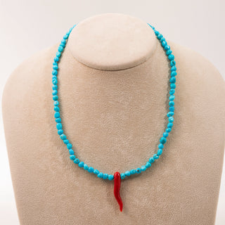 Turquoise and Coral Horn Necklace with 18kt Gold Clasp - Good Luck