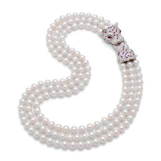 Japanese 3-strand Pearl Necklace with 18kt Gold Panther Clasp, Brilliant-cut Diamonds, and Rubies