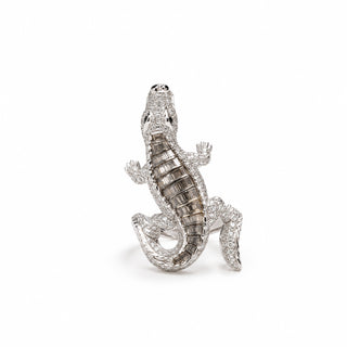 Cocktail Ring Coccodrillo in Oro Bianco con Diamanti Bianchi e Brown – Don Alfonso Gioielli Capri