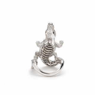 Cocktail Ring Coccodrillo in Oro Bianco con Diamanti Bianchi e Brown – Don Alfonso Gioielli Capri