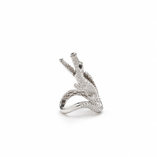 Cocktail Ring Coccodrillo in Oro Bianco con Diamanti Bianchi e Brown – Don Alfonso Gioielli Capri