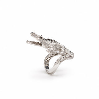 Cocktail Ring Coccodrillo in Oro Bianco con Diamanti Bianchi e Brown – Don Alfonso Gioielli Capri