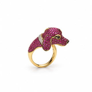 Anello Cane in Oro Giallo con Zaffiri Rosa e Diamanti | Cocktail Ring