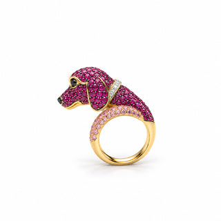 Anello Cane in Oro Giallo con Zaffiri Rosa e Diamanti | Cocktail Ring