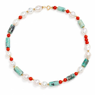 Art-Deco Necklace in Perle Barocche, Corallo Rosso, Smeraldi Grezzi e Oro 18 kt