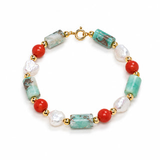 Art-Deco Bracelet in Perle Barocche, Corallo Rosso, Smeraldi Grezzi e Oro 18 kt