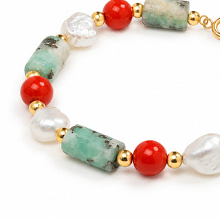 Art-Deco Bracelet in Perle Barocche, Corallo Rosso, Smeraldi Grezzi e Oro 18 kt