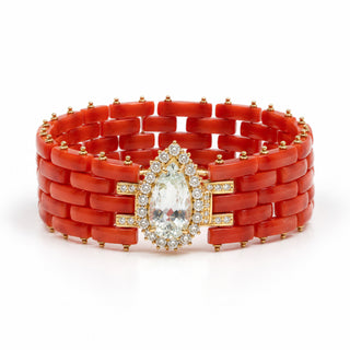 Bracciale in Corallo Rosso con Acquamarina 8,71 ct e Diamanti – Oro 18 KT