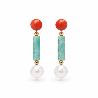 Art Deco Earrings – Corallo Rosso, Smeraldi Grezzi, Perla Barocca e Oro 18 KT