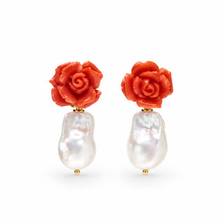 Orecchini Flower Power in Corallo Rosso, Perla Barocca e Oro 18 kt