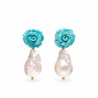Orecchini perla barocca e rosa in turchese con gancio in oro 18 kt – Flower power