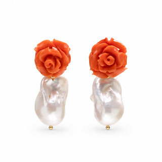 Orecchini Flower Power in Corallo Rosa Arancio, Perla Barocca e Oro 18 KT