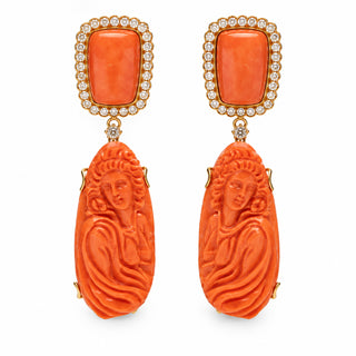 Cameo Earrings — Orecchini in corallo inciso, diamanti brown e oro 18 kt