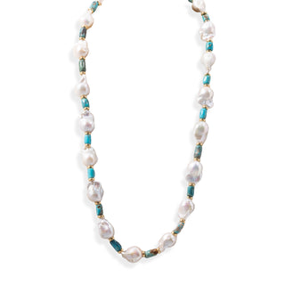 Baroque Pearl, Turquoise Tube, and 18kt Gold Rondelle Necklace