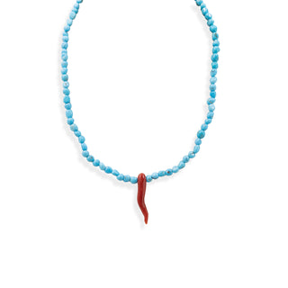 Turquoise and Coral Horn Necklace with 18kt Gold Clasp - Good Luck