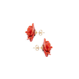 Authentic Red Coral Rose-Shaped Earrings in 18 KT Gold - Flower Power Earrings