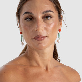Art Deco Earrings – Corallo Rosso, Smeraldi Grezzi, Perla Barocca e Oro 18 KT
